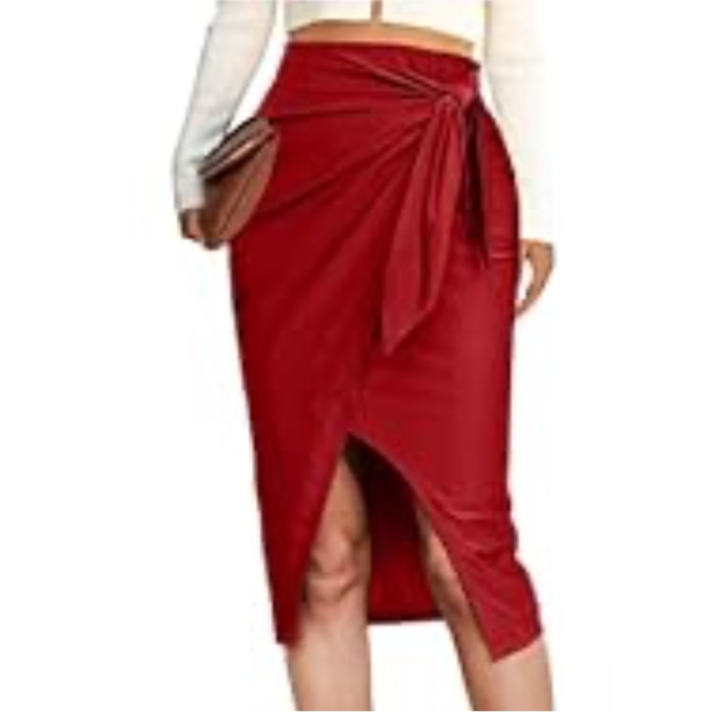 SPESLOOK Midi Pencil Casual High Waist Bodycon Skirt with Slit Tie Waisted Wrap